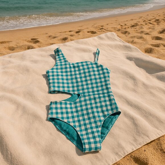 wonder nation One Piece Swimsuit Checkered Gingham Teal White L 10-12 New - Picture 1 of 9